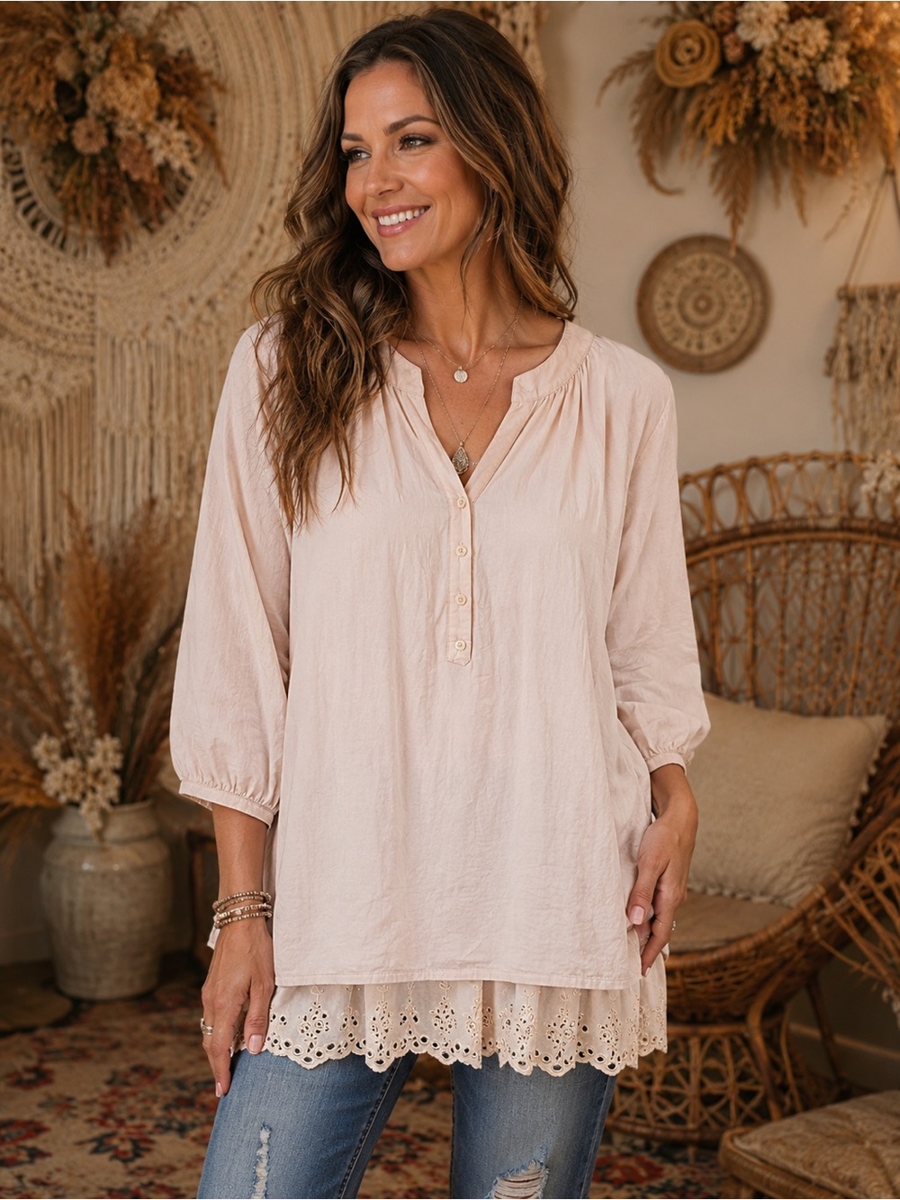 NEW Soft Surroundings Blush Lace-Hem Tunic Top Size Large